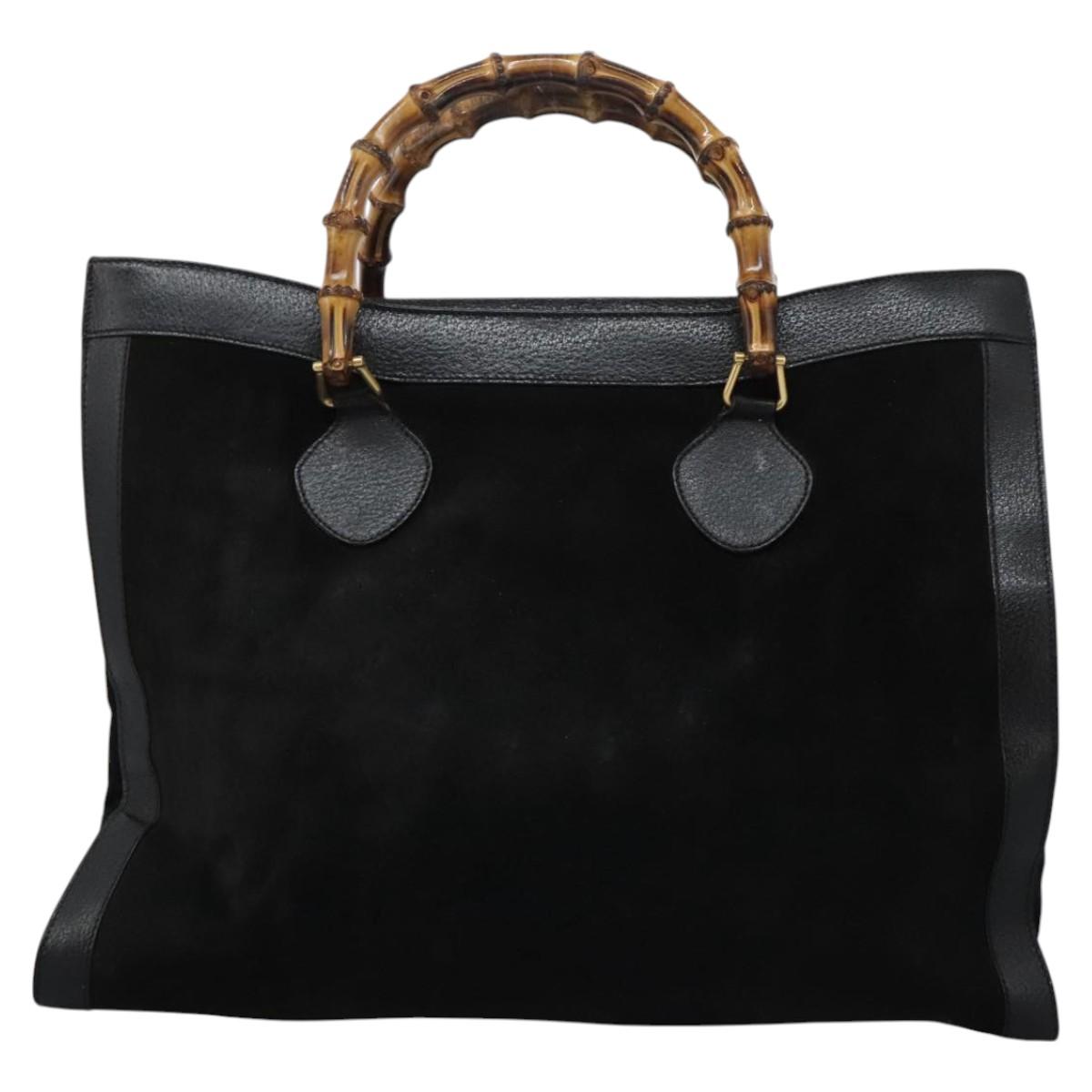 GUCCI Bamboo Hand Bag Suede Leather Black Gold 002 1186 0259 Auth BD1389