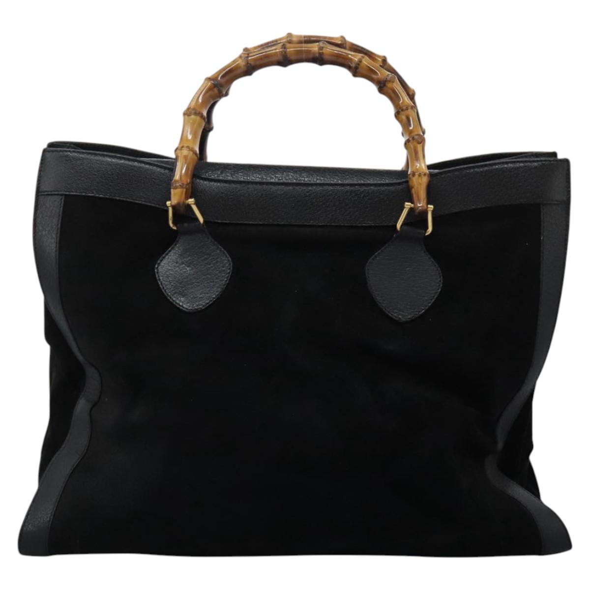 GUCCI Bamboo Hand Bag Suede Leather Black Gold 002 1186 0259 Auth BD1389