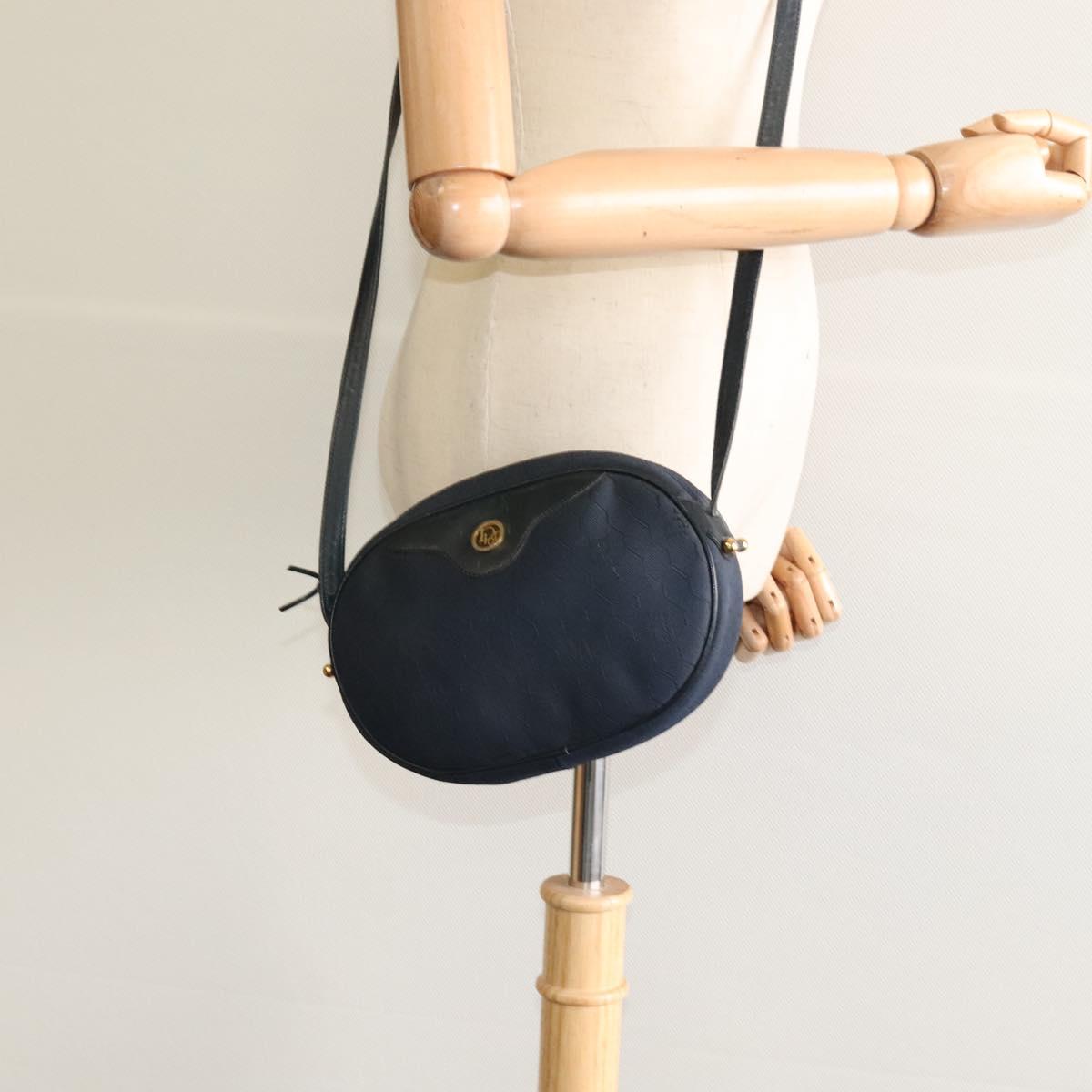 Christian Dior Honeycomb Canvas Shoulder Bag Gold Navy Auth BD1407