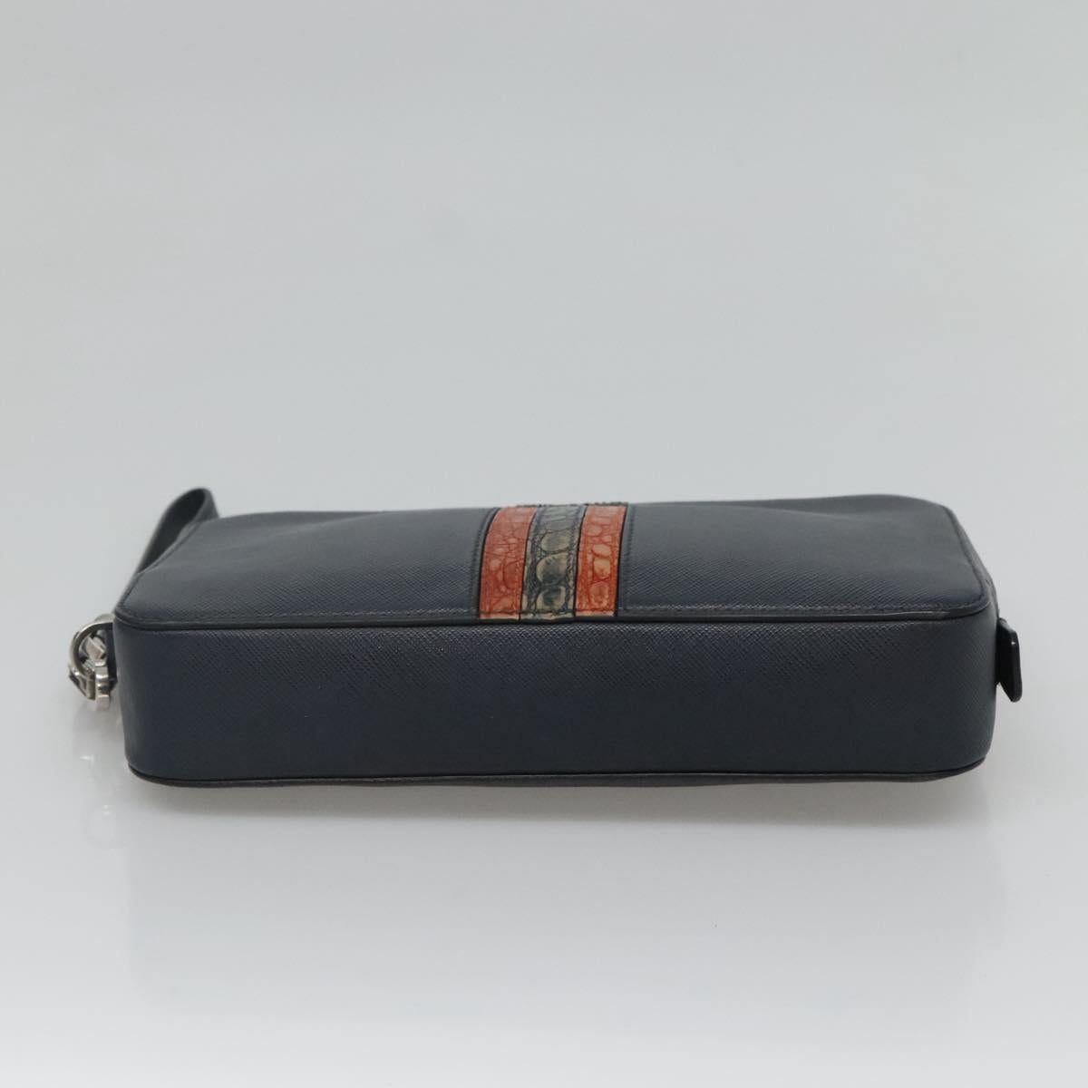 PRADA Clutch Bag Safiano leather Navy Silver Auth BD1408