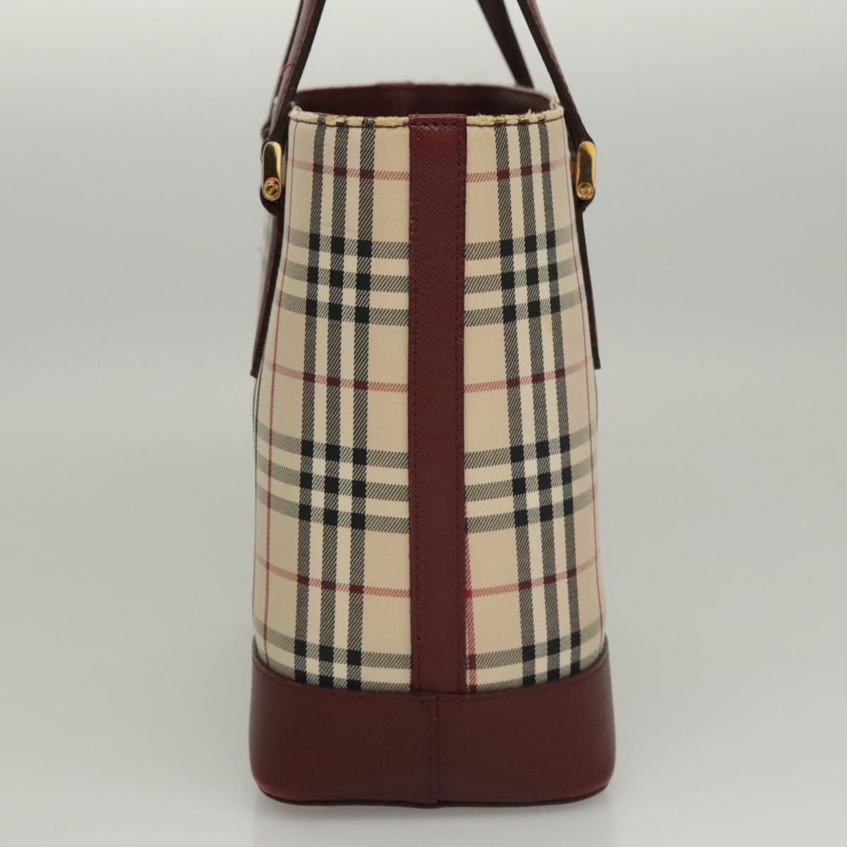 BURBERRY Nova Check Hand Bag Canvas Beige Bordeaux gold Auth BD1527