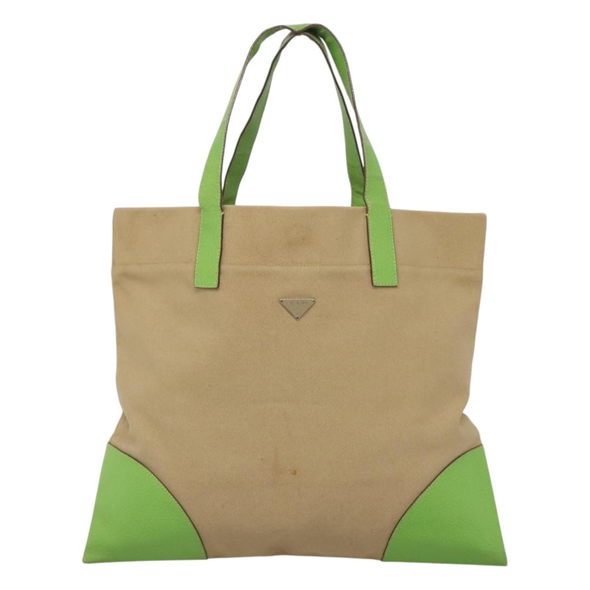 PRADA Tote Bag Canvas Beige Silver Auth BD1531