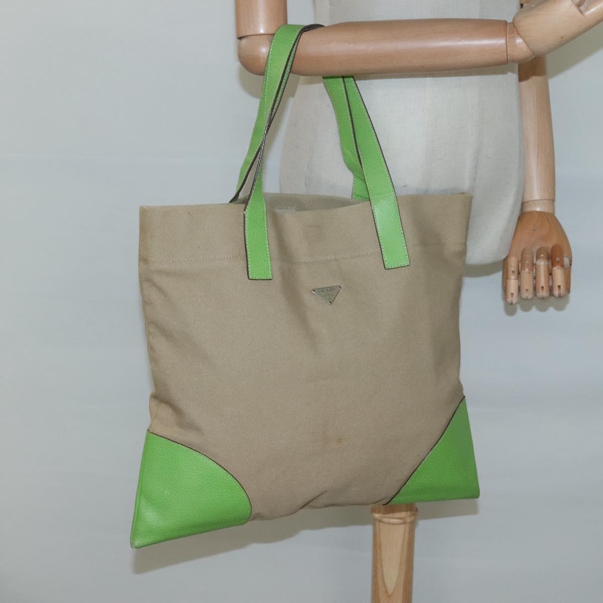 PRADA Tote Bag Canvas Beige Silver Auth BD1531