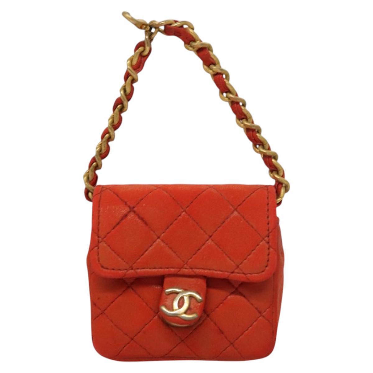 CHANEL Mini Mini Matelasse Charm Lamb Skin Orange CC Auth BD1634