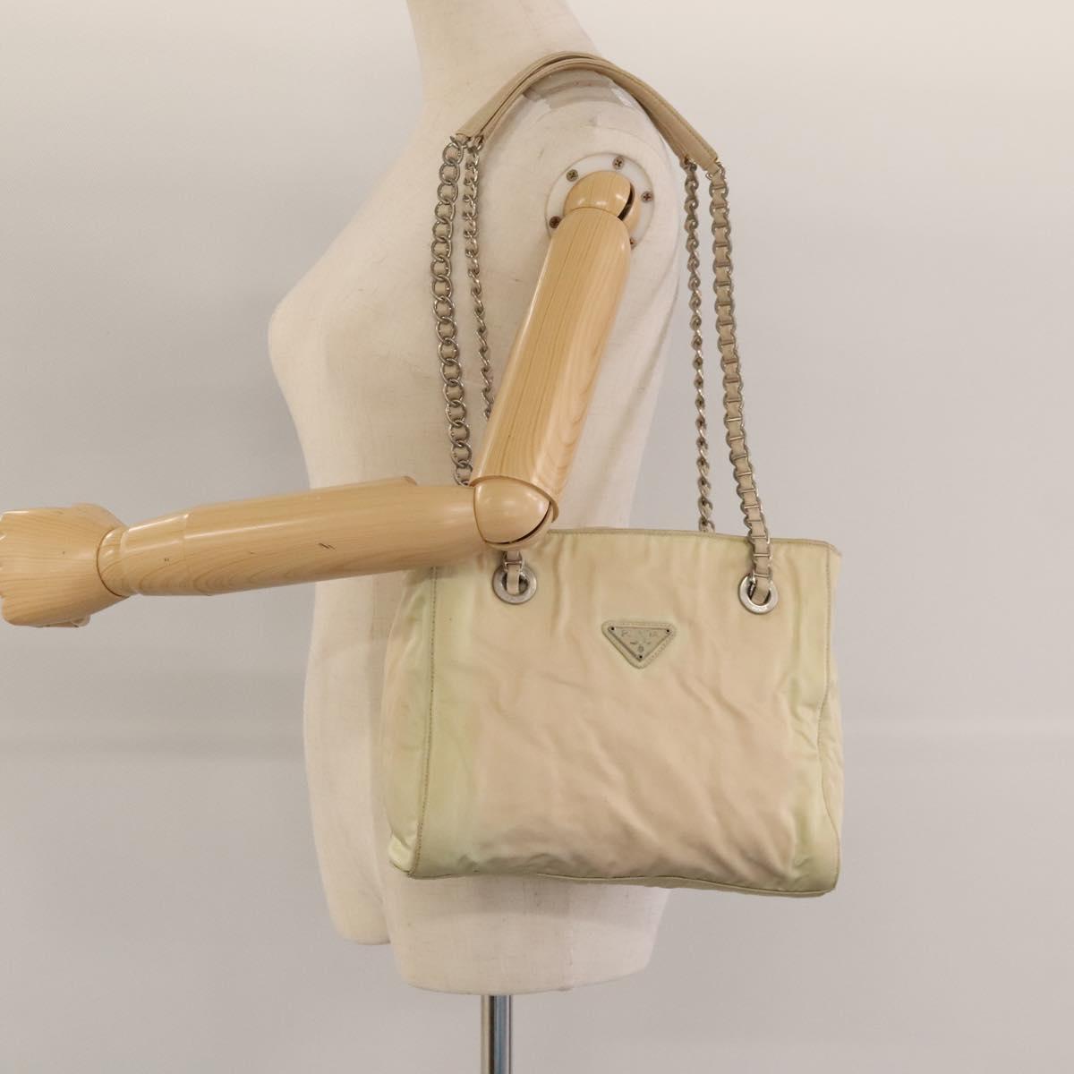 PRADA Chain Shoulder Bag Nylon Beige Auth BD1635