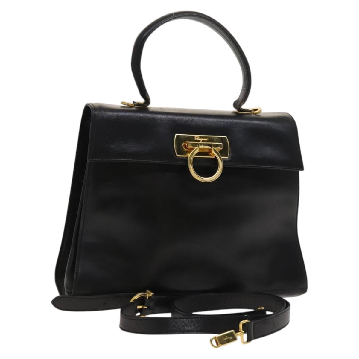 Salvatore Ferragamo Gancini Hand Bag Leather 2way Black Gold Auth BD1703