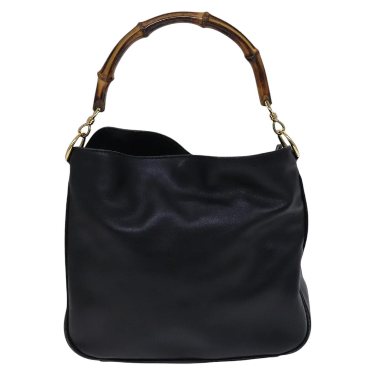 GUCCI Bamboo Hand Bag Leather 2way Black Gold 001 1638 Auth BD1743