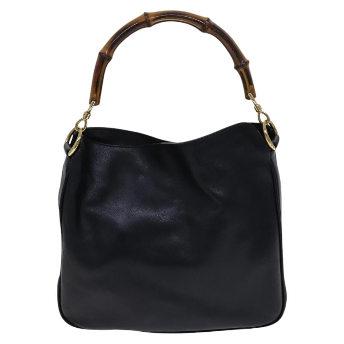 GUCCI Bamboo Hand Bag Leather 2way Black Gold 001 1638 Auth BD1743