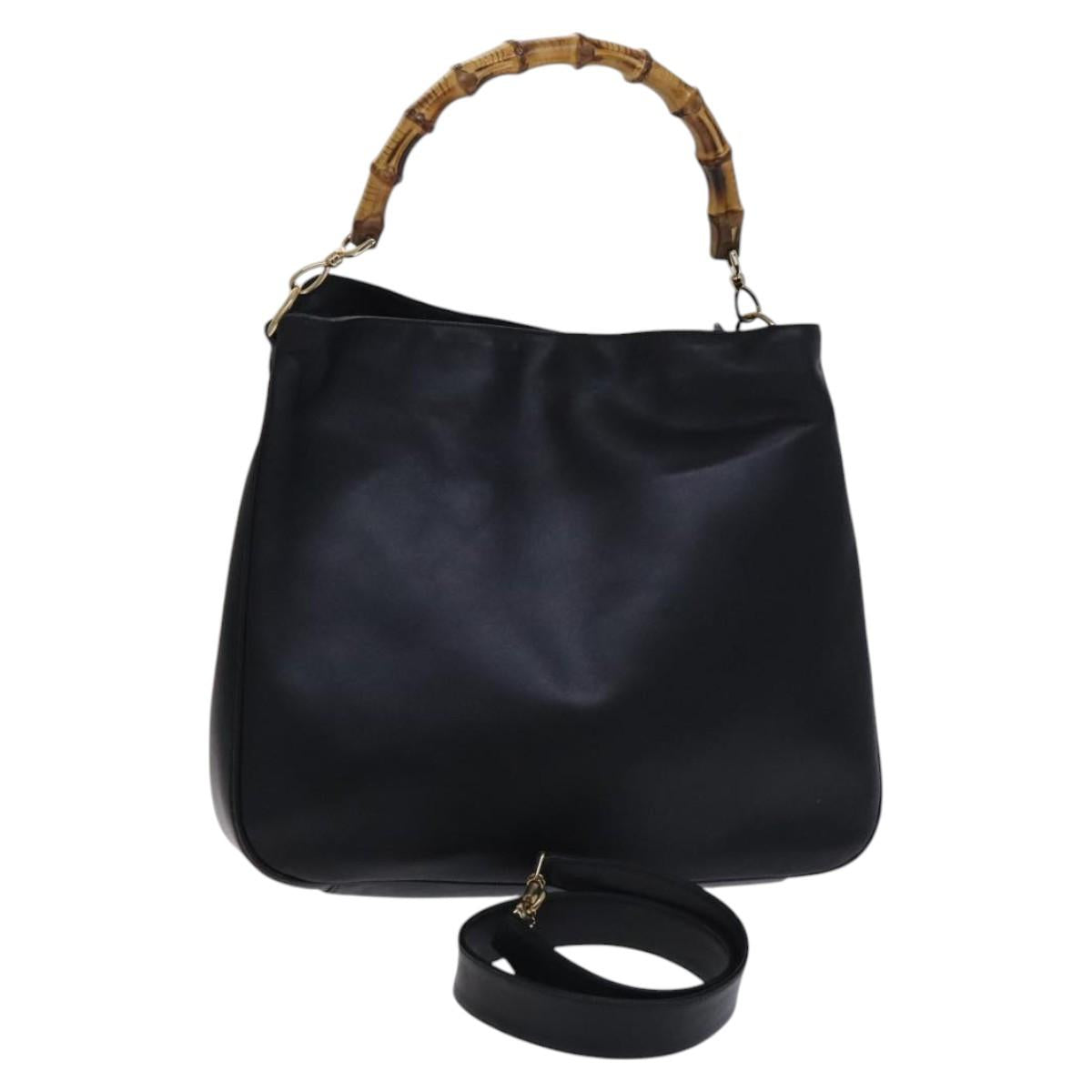 GUCCI Bamboo Hand Bag Leather 2way Black Gold 001 1638 Auth BD1744