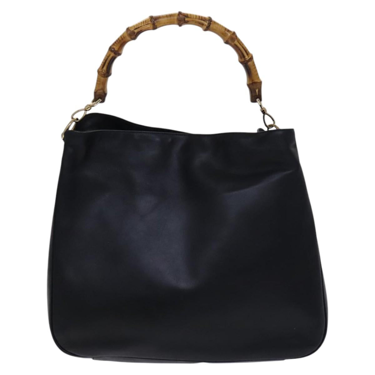GUCCI Bamboo Hand Bag Leather 2way Black Gold 001 1638 Auth BD1744