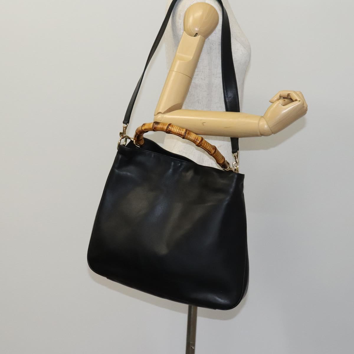 GUCCI Bamboo Hand Bag Leather 2way Black Gold 001 1638 Auth BD1744