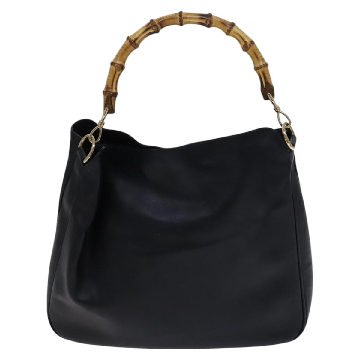 GUCCI Bamboo Hand Bag Leather 2way Black Gold 001 1638 Auth BD1744