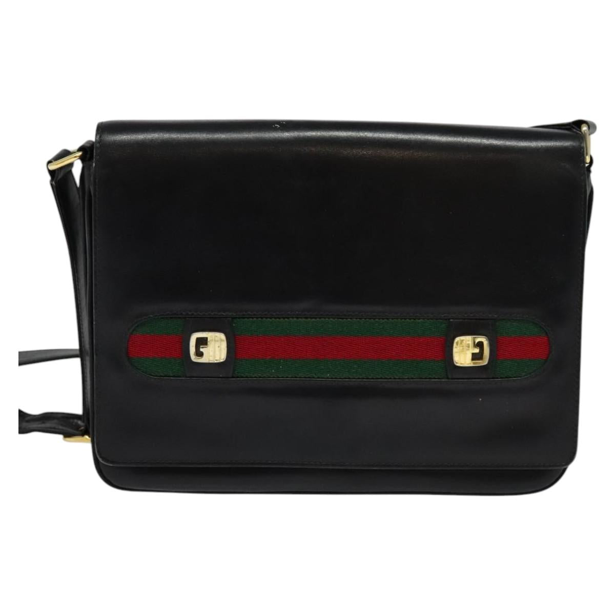 GUCCI Web Sherry Line Shoulder Bag Leather Black Gold Auth BD1766