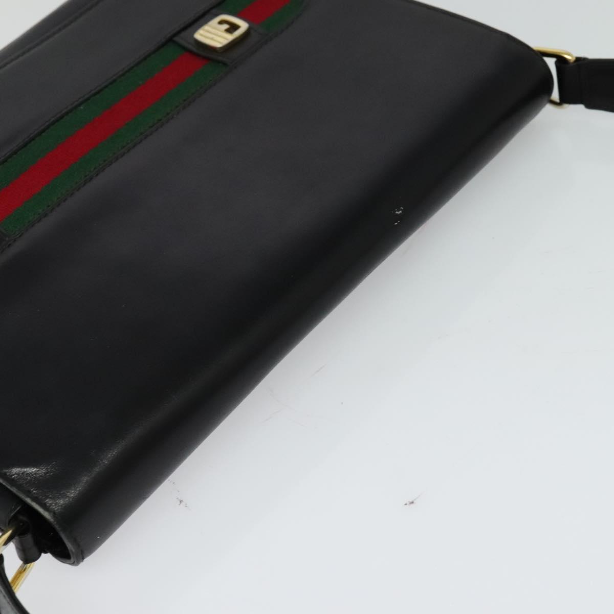 GUCCI Web Sherry Line Shoulder Bag Leather Black Gold Auth BD1766
