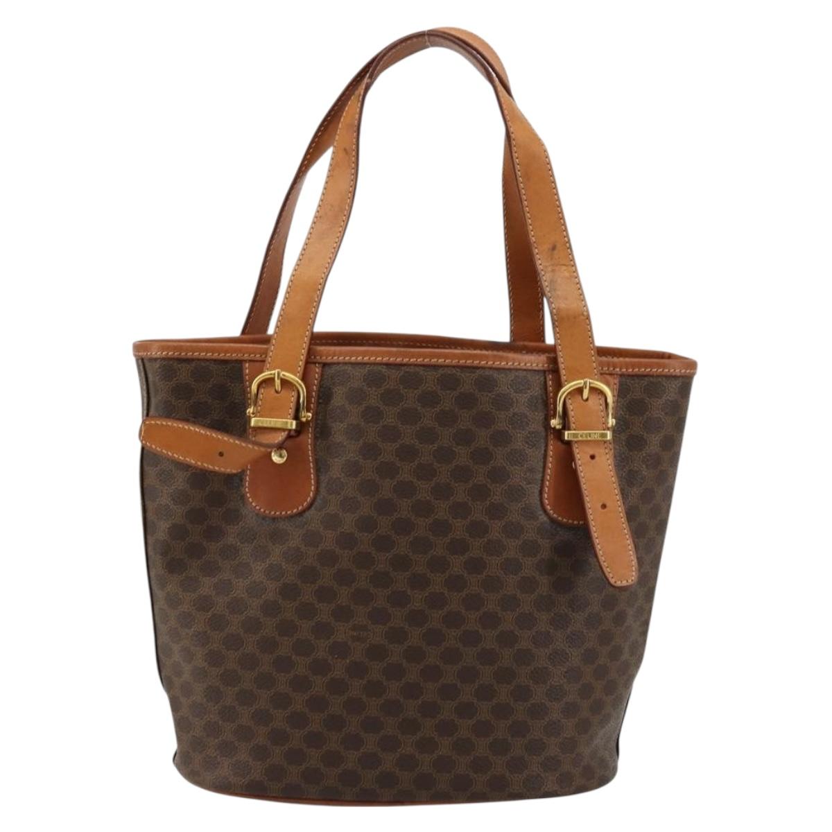 CELINE Macadam Canvas Tote Bag PVC Leather Brown Gold Auth BD1817