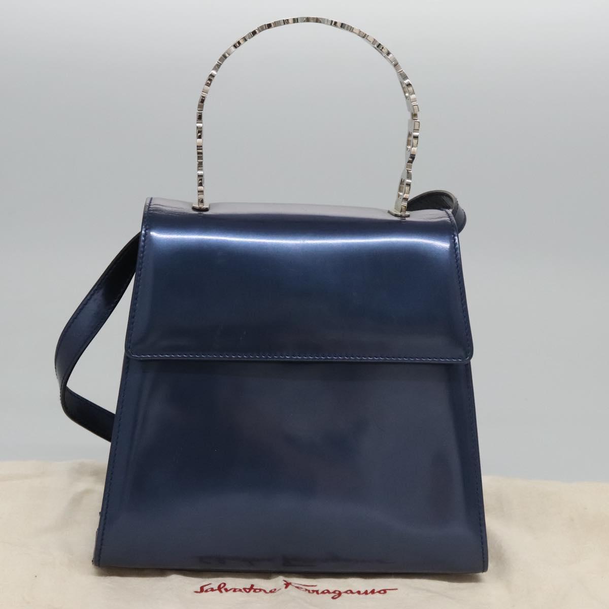 Salvatore Ferragamo Hand Bag Enamel 2way Blue Auth BD197