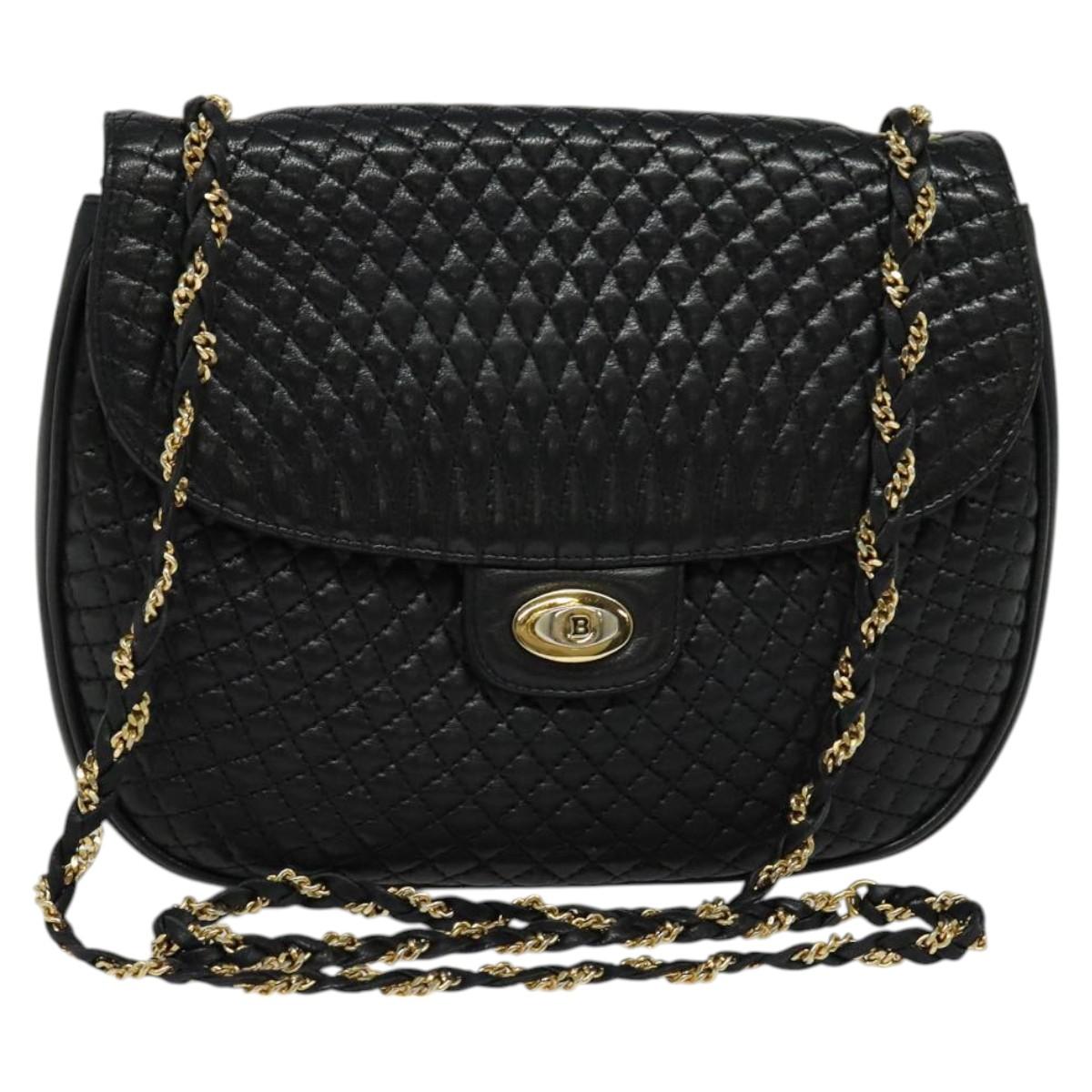BALLY Quilted Chain Shoulder Bag Leather Black Gold Auth BD2017