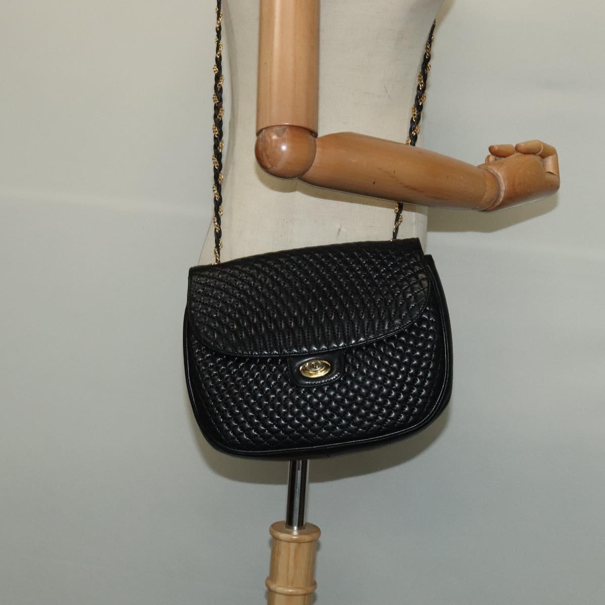 BALLY Quilted Chain Shoulder Bag Leather Black Gold Auth BD2017