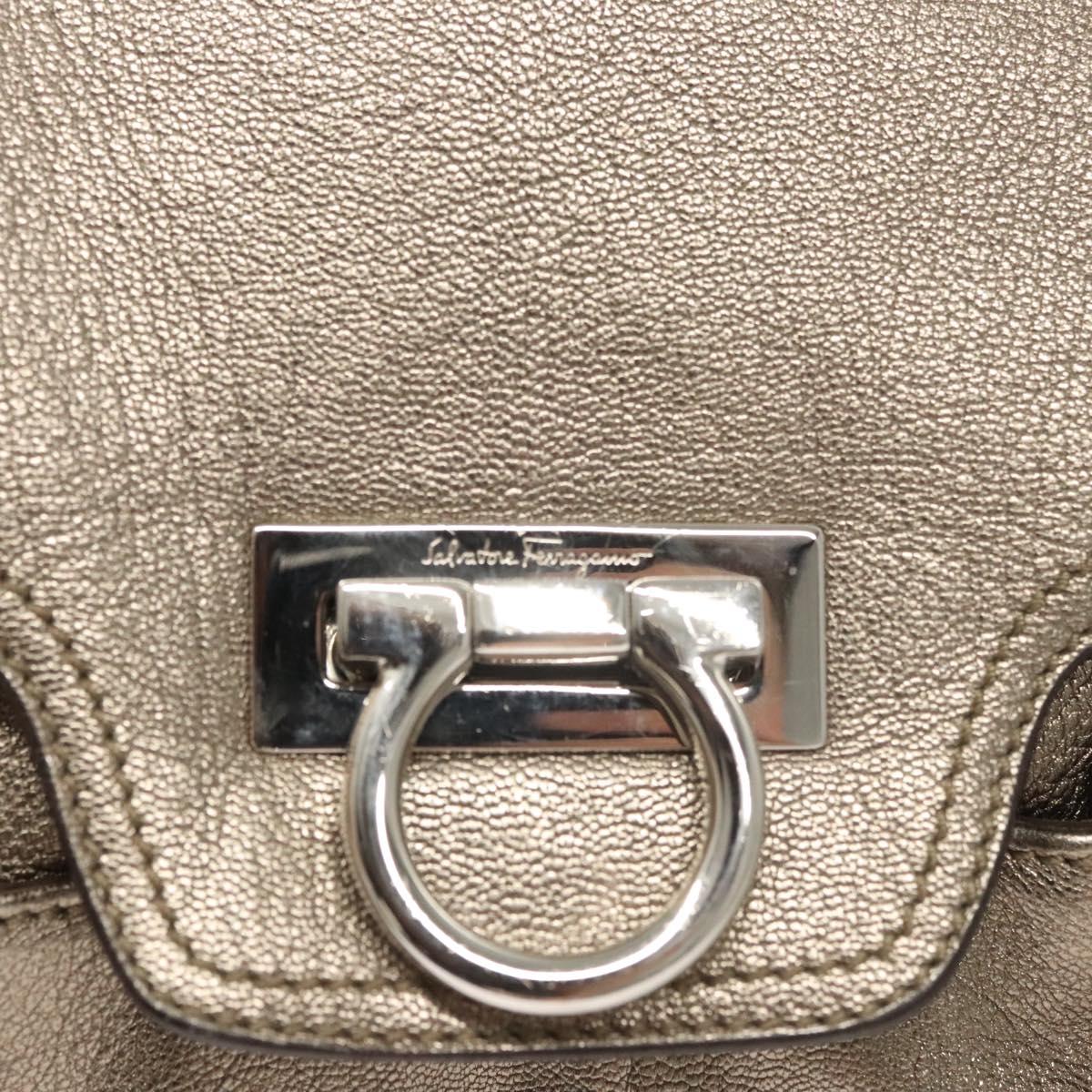 Salvatore Ferragamo Gancini Bag Leather Champagne Gold Silver Auth BD2047