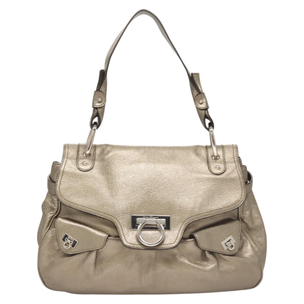 Salvatore Ferragamo Gancini Bag Leather Champagne Gold Silver Auth BD2047