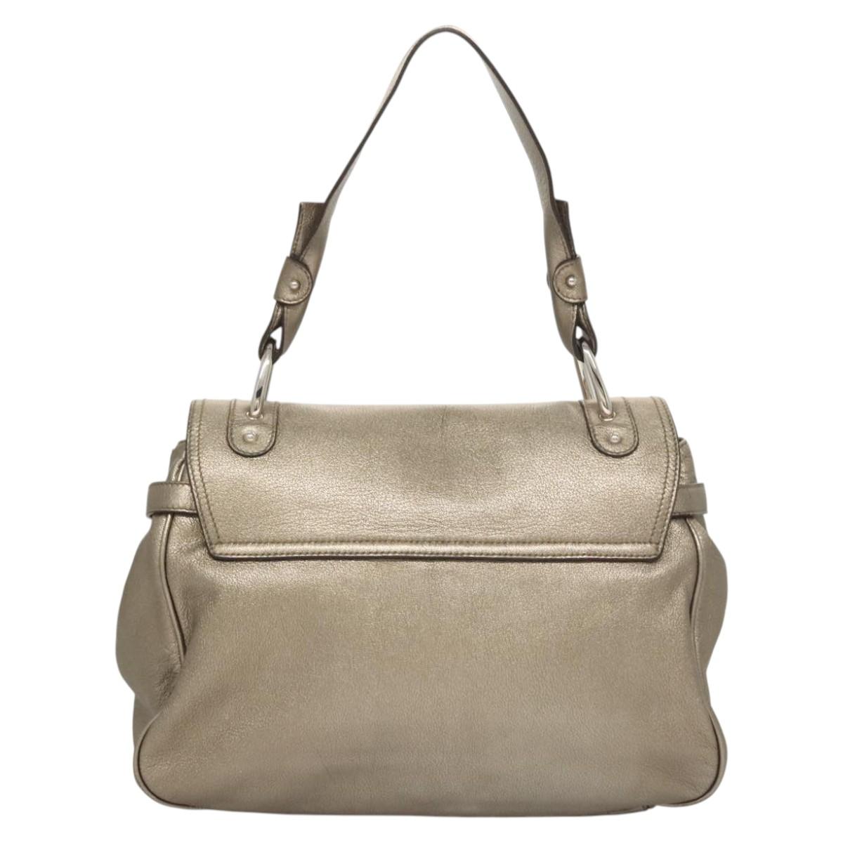 Salvatore Ferragamo Gancini Bag Leather Champagne Gold Silver Auth BD2047