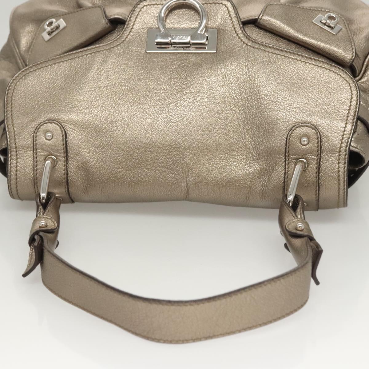 Salvatore Ferragamo Gancini Bag Leather Champagne Gold Silver Auth BD2047
