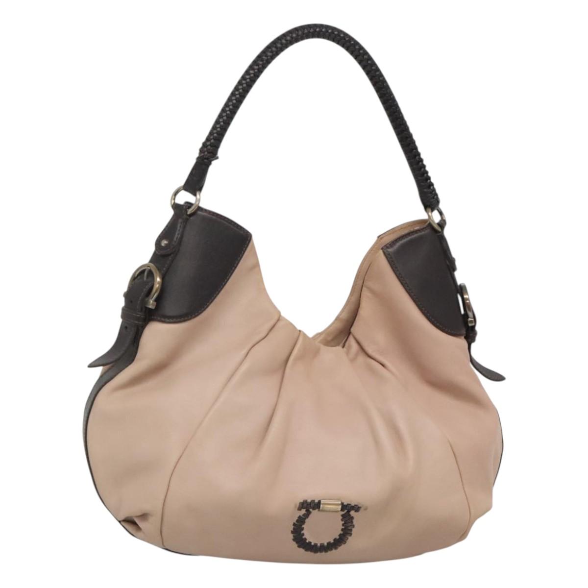 Salvatore Ferragamo Gancini Hobo Shoulder Bag Leather Beige Gold Auth BD2083