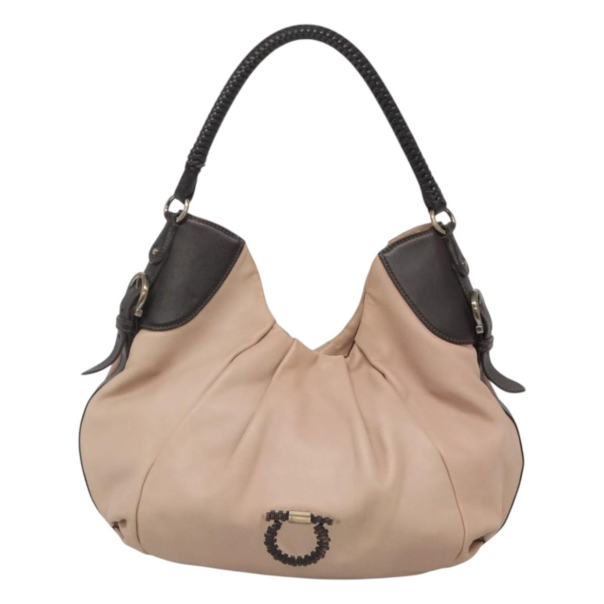 Salvatore Ferragamo Gancini Hobo Shoulder Bag Leather Beige Gold Auth BD2083