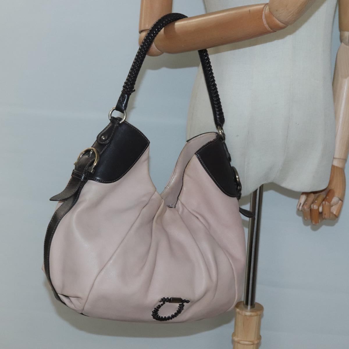 Salvatore Ferragamo Gancini Hobo Shoulder Bag Leather Beige Gold Auth BD2083