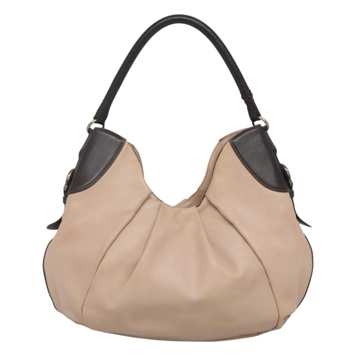 Salvatore Ferragamo Gancini Hobo Shoulder Bag Leather Beige Gold Auth BD2083