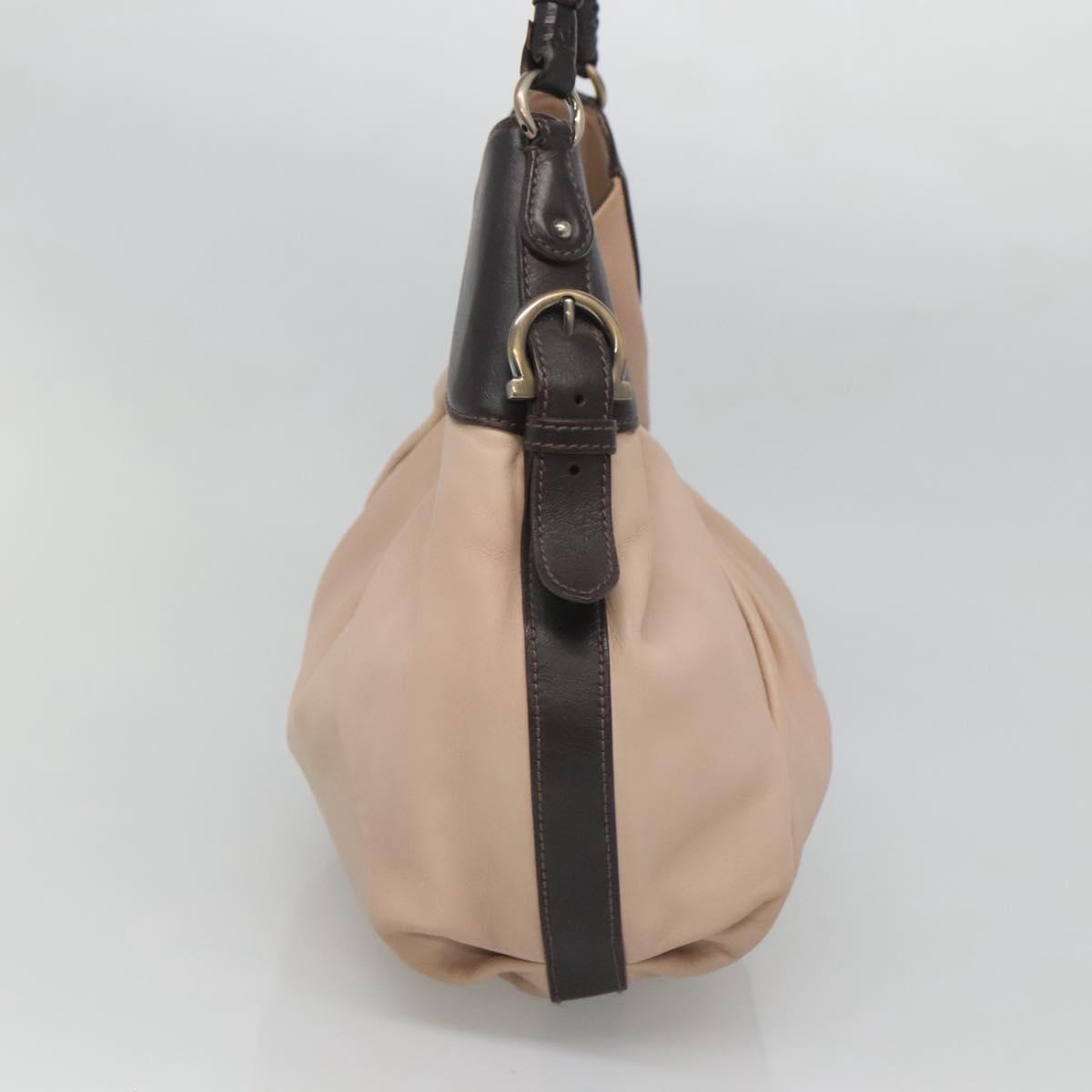 Salvatore Ferragamo Gancini Hobo Shoulder Bag Leather Beige Gold Auth BD2083