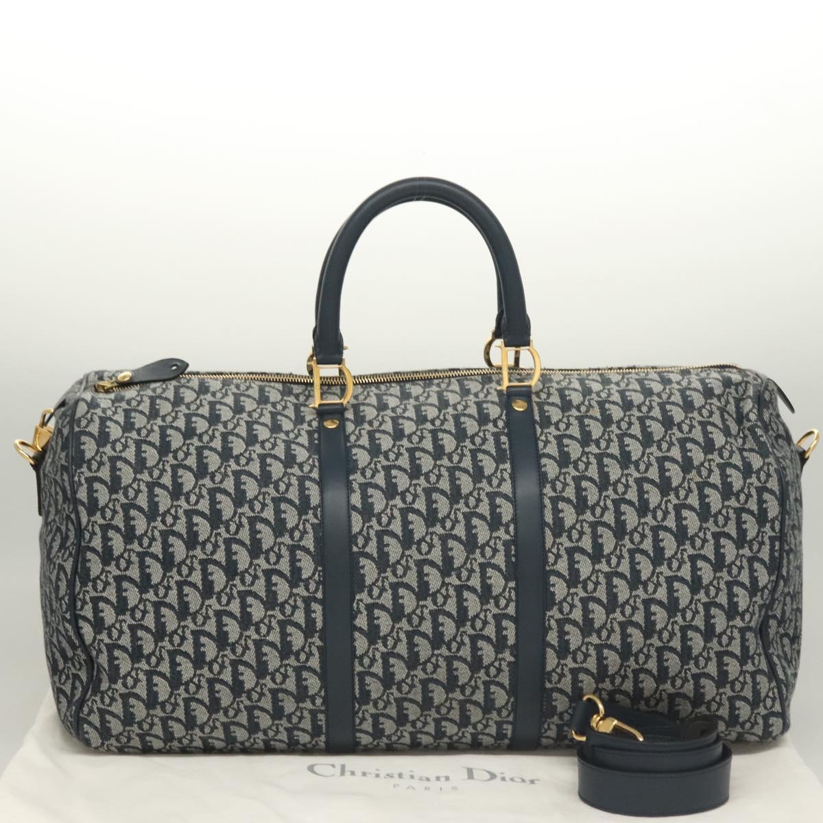Christian Dior Trotter Canvas Boston Bag 2way Navy Gold Auth BD2104SAV