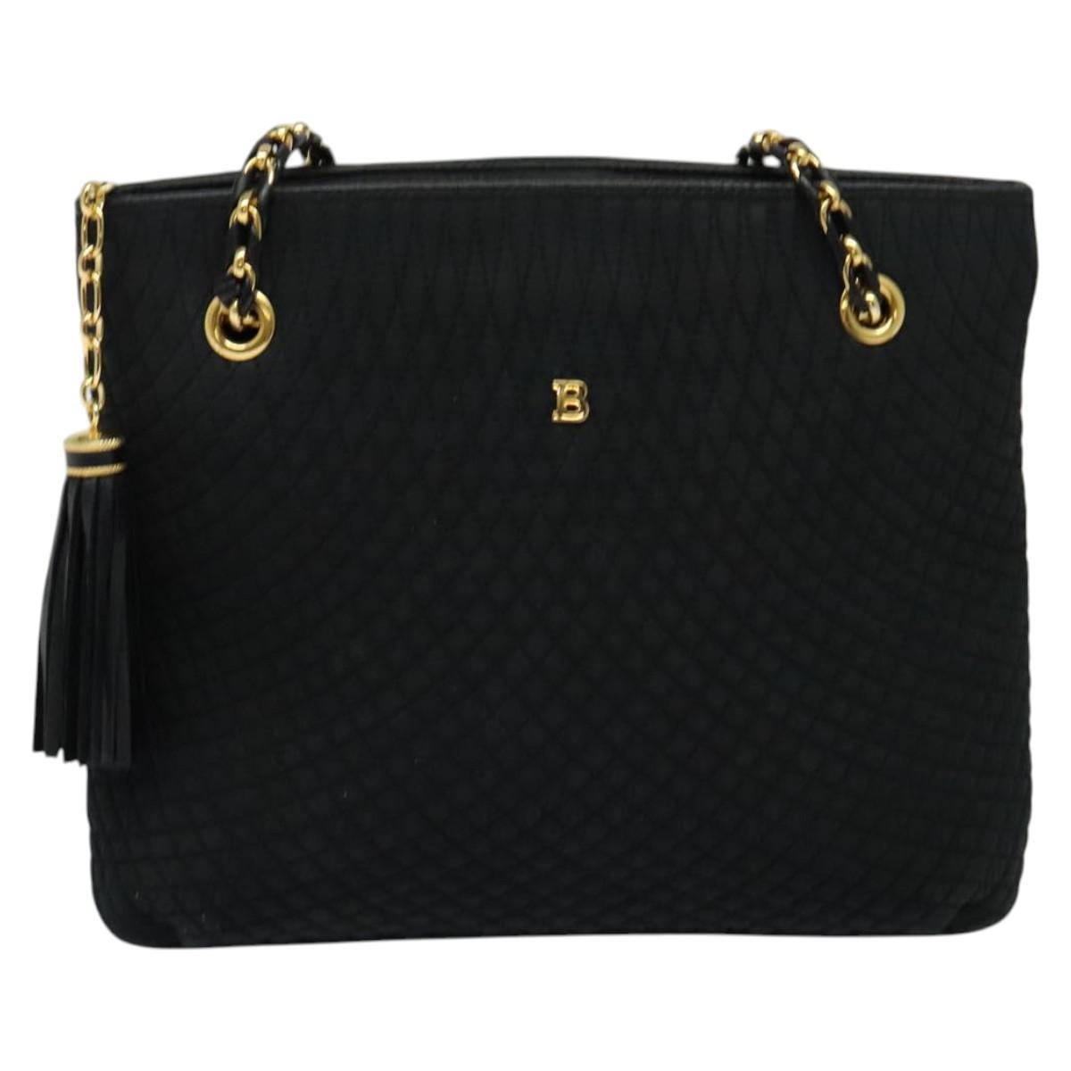 BALLY Chain Shoulder Bag Nylon Black Gold Auth BD2129