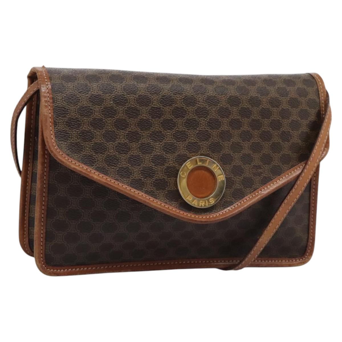 CELINE Macadam Canvas Shoulder Bag PVC Leather Brown Gold Auth BD213