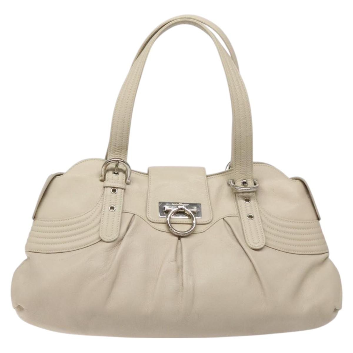 Salvatore Ferragamo Gancini Shoulder Bag Leather White Silver Auth BD2130