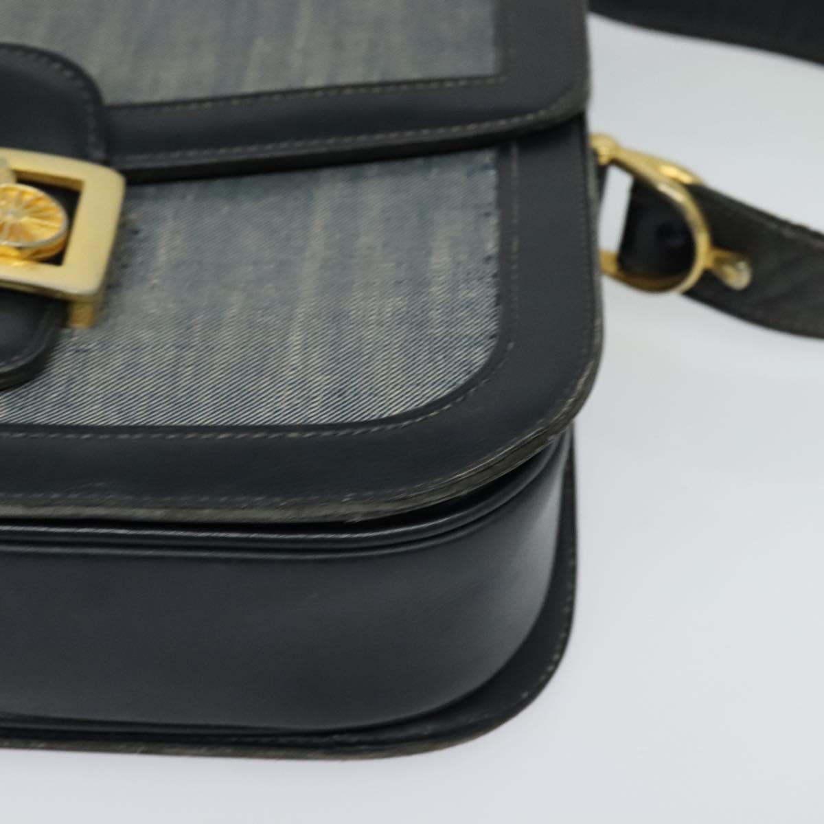 CELINE Shoulder Bag Leather Canvas Navy Gold Auth BD2149