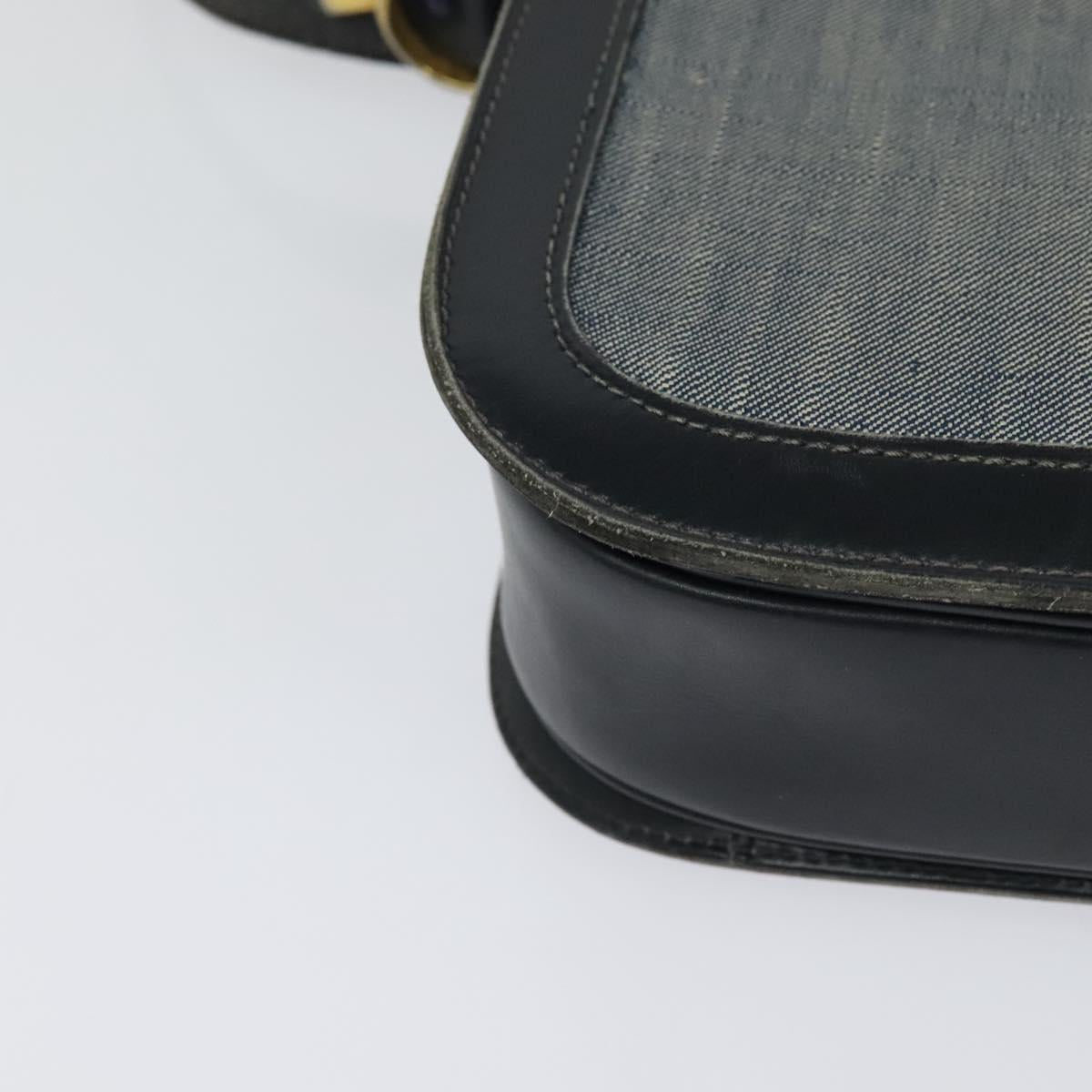 CELINE Shoulder Bag Leather Canvas Navy Gold Auth BD2149