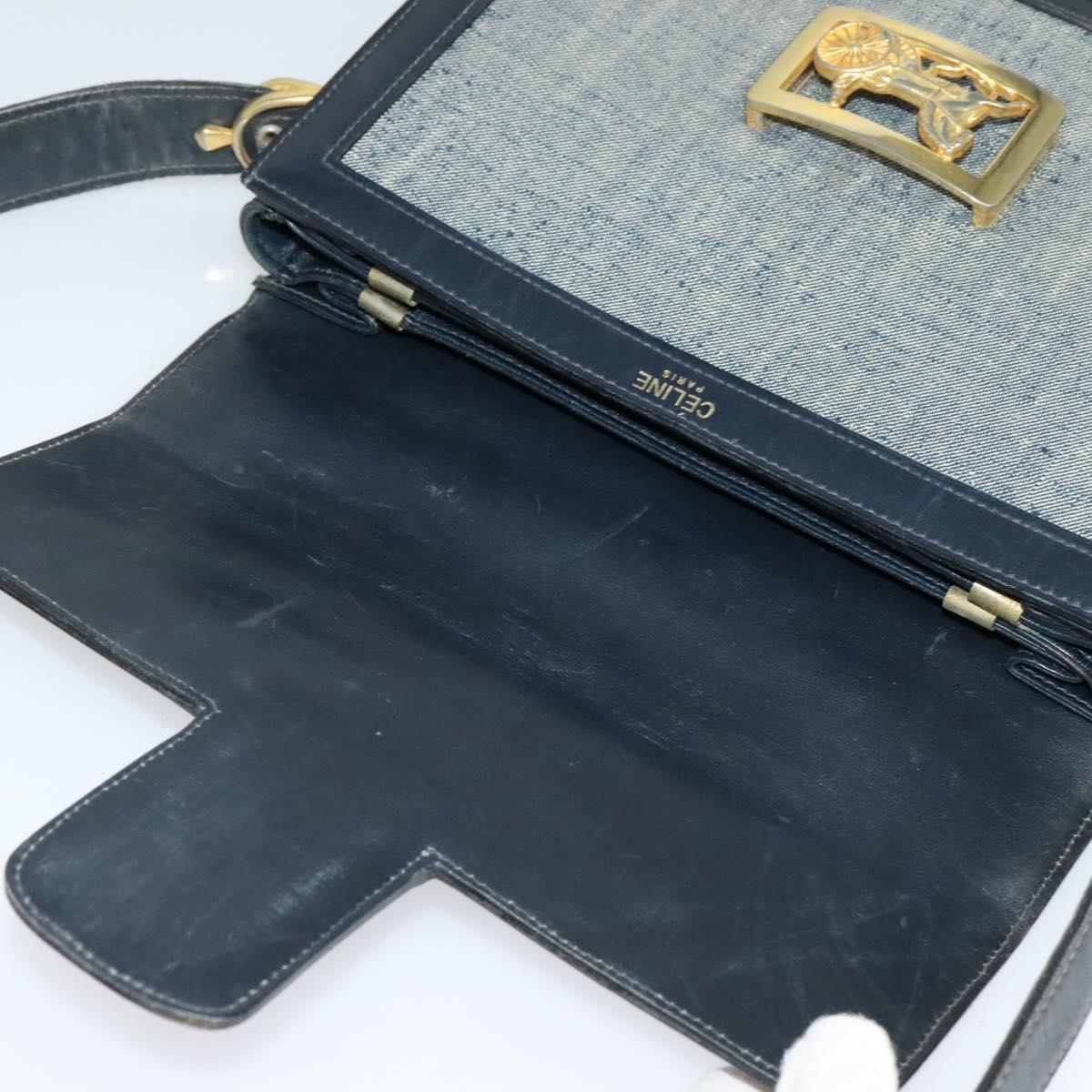 CELINE Shoulder Bag Leather Canvas Navy Gold Auth BD2149