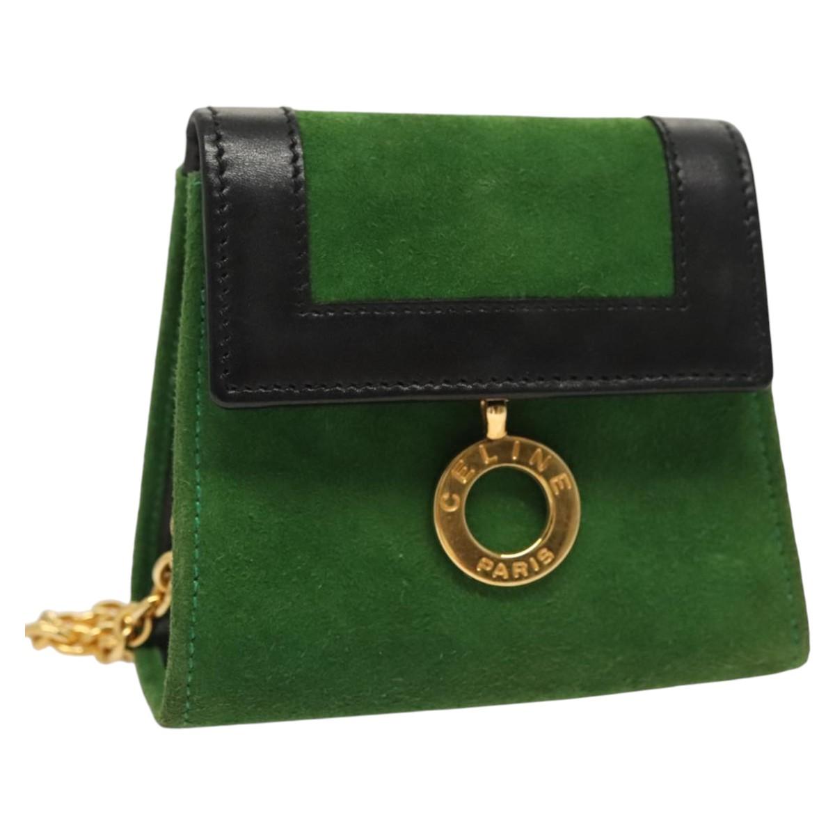 CELINE Chain Hand Pouch Suede Leather Green Gold Auth BD2160