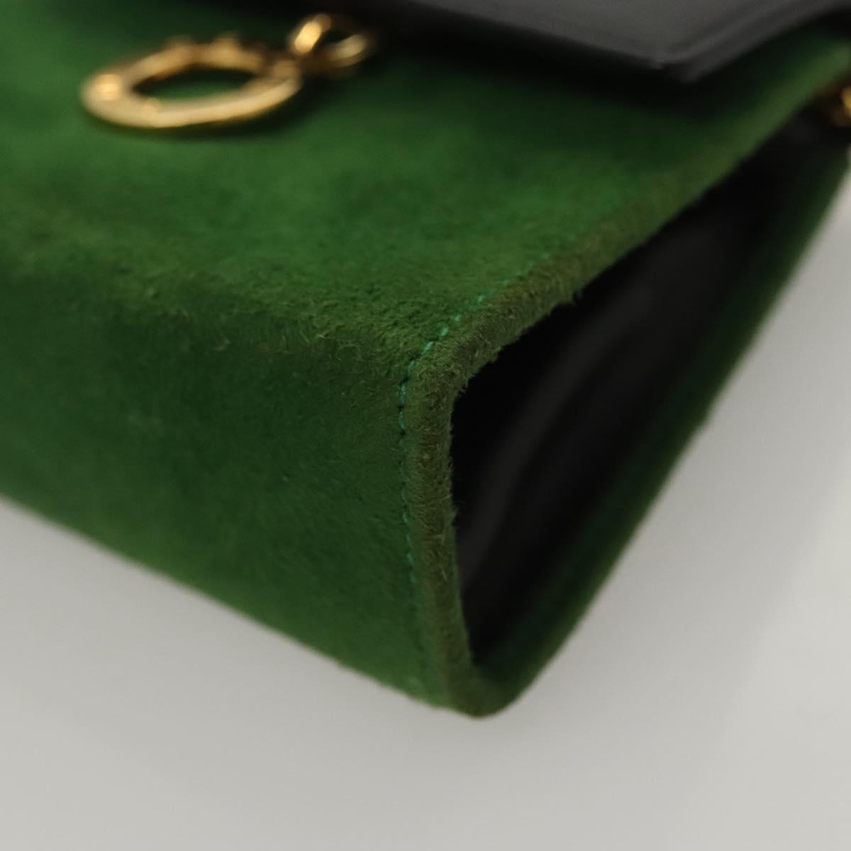 CELINE Chain Hand Pouch Suede Leather Green Gold Auth BD2160