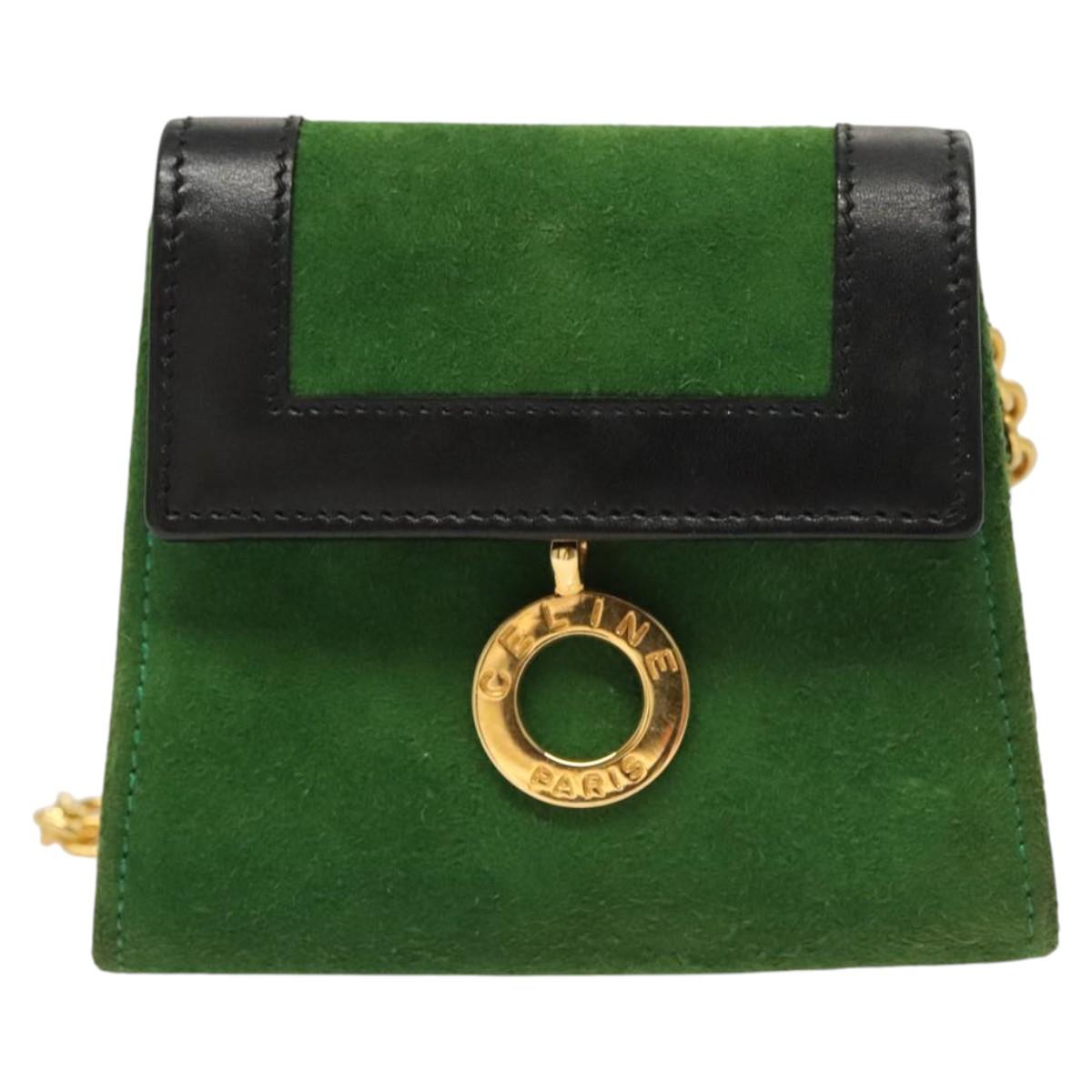CELINE Chain Hand Pouch Suede Leather Green Gold Auth BD2160