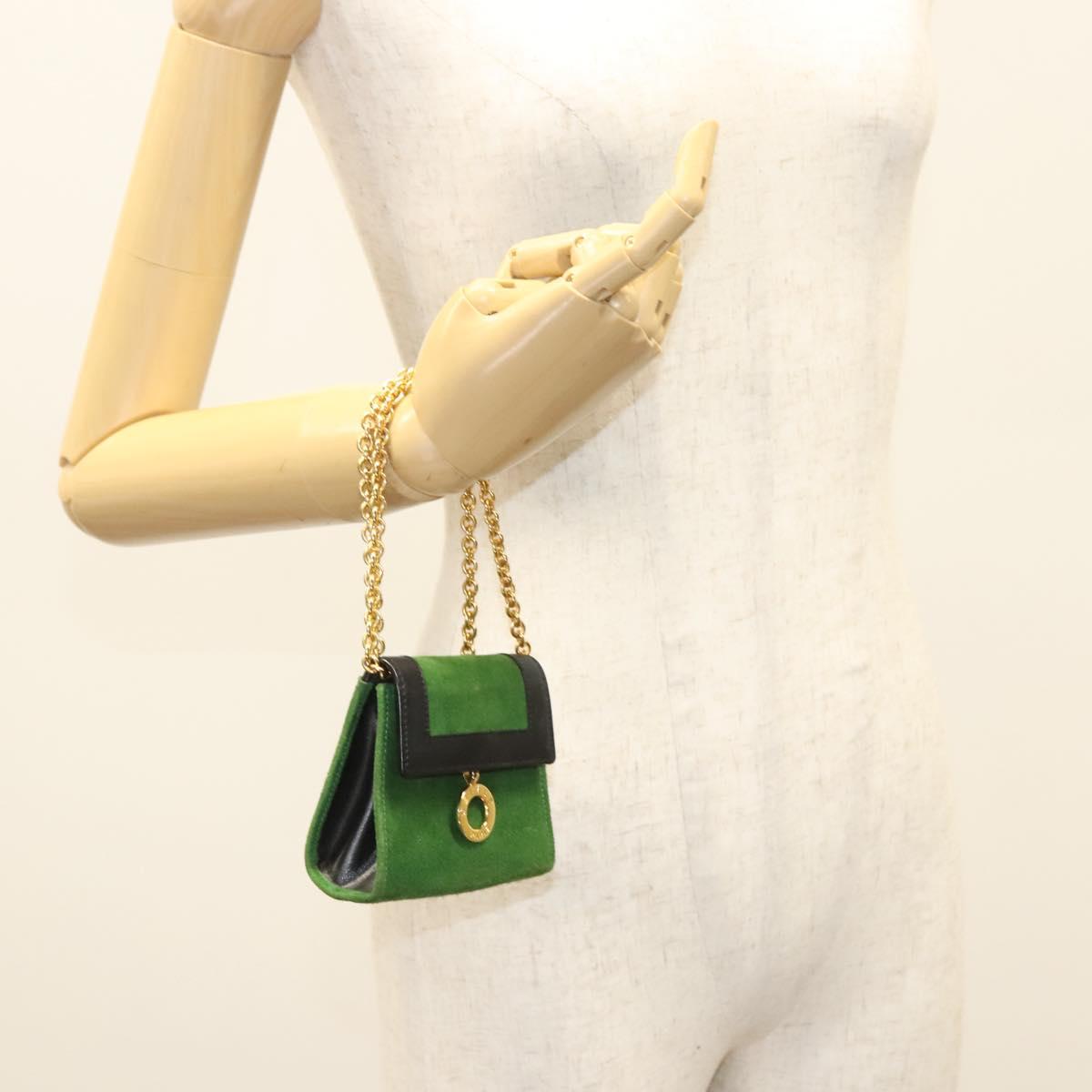 CELINE Chain Hand Pouch Suede Leather Green Gold Auth BD2160