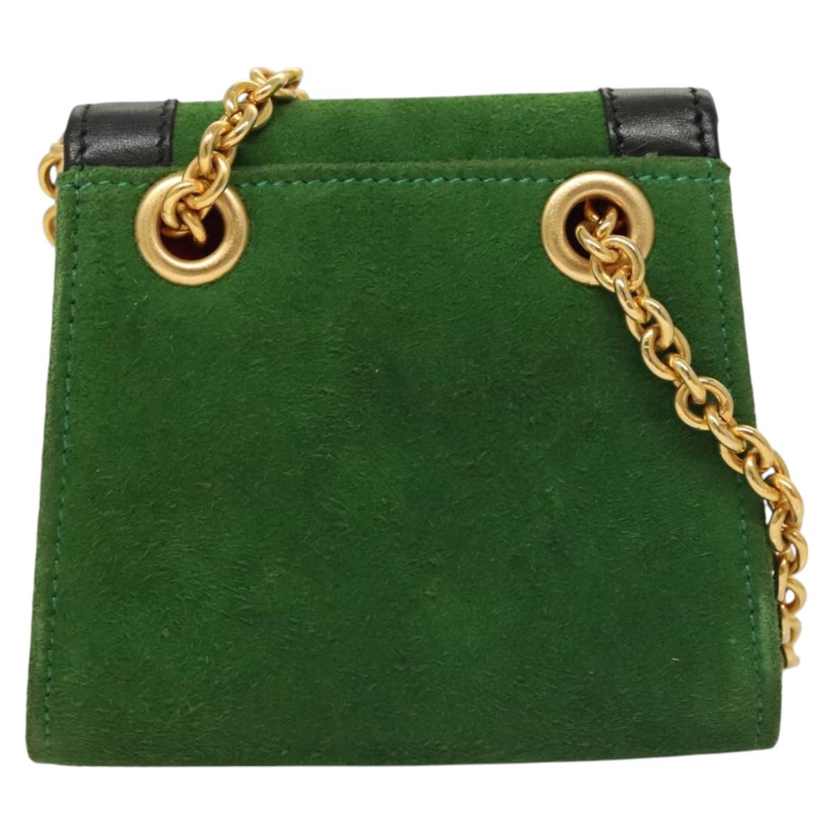 CELINE Chain Hand Pouch Suede Leather Green Gold Auth BD2160