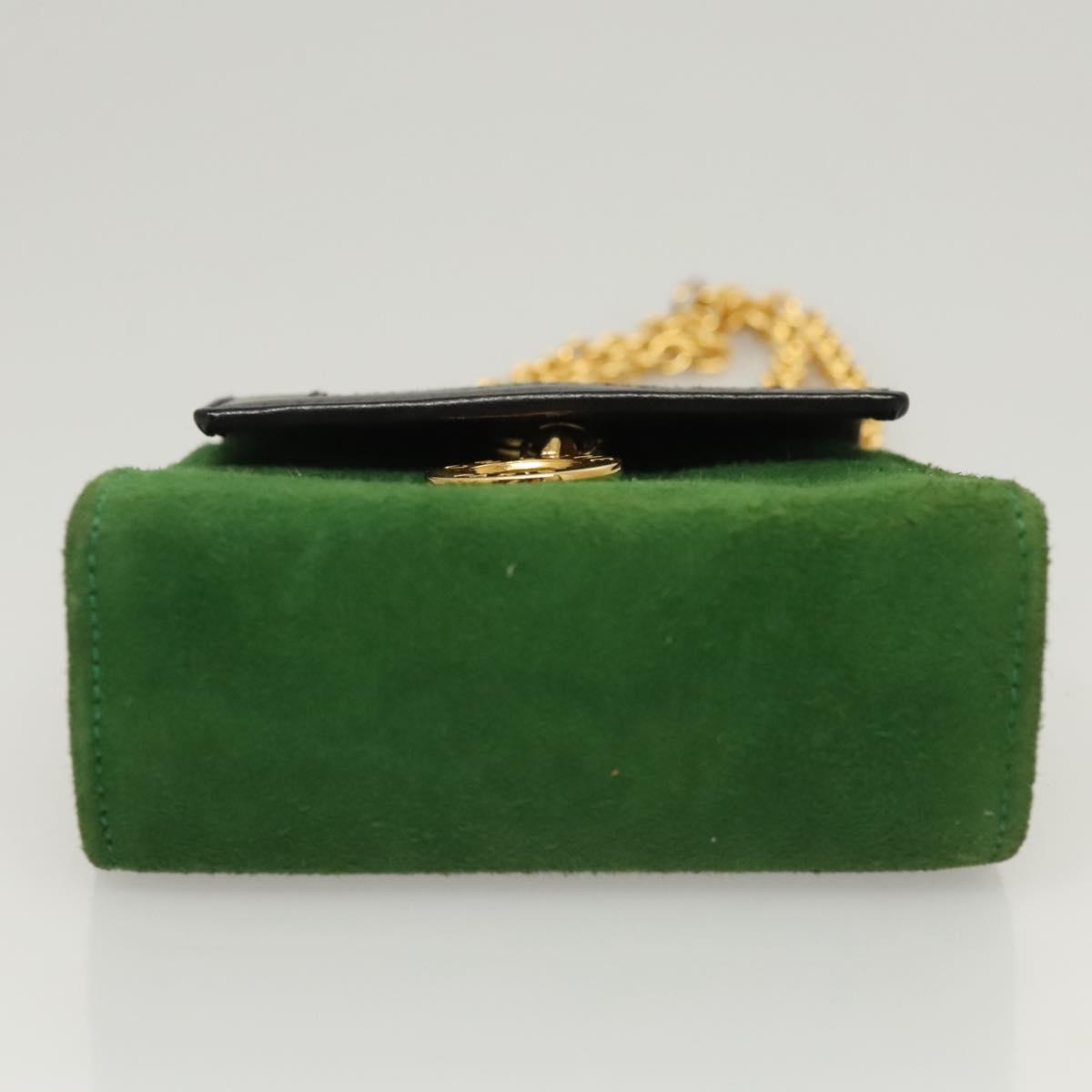 CELINE Chain Hand Pouch Suede Leather Green Gold Auth BD2160