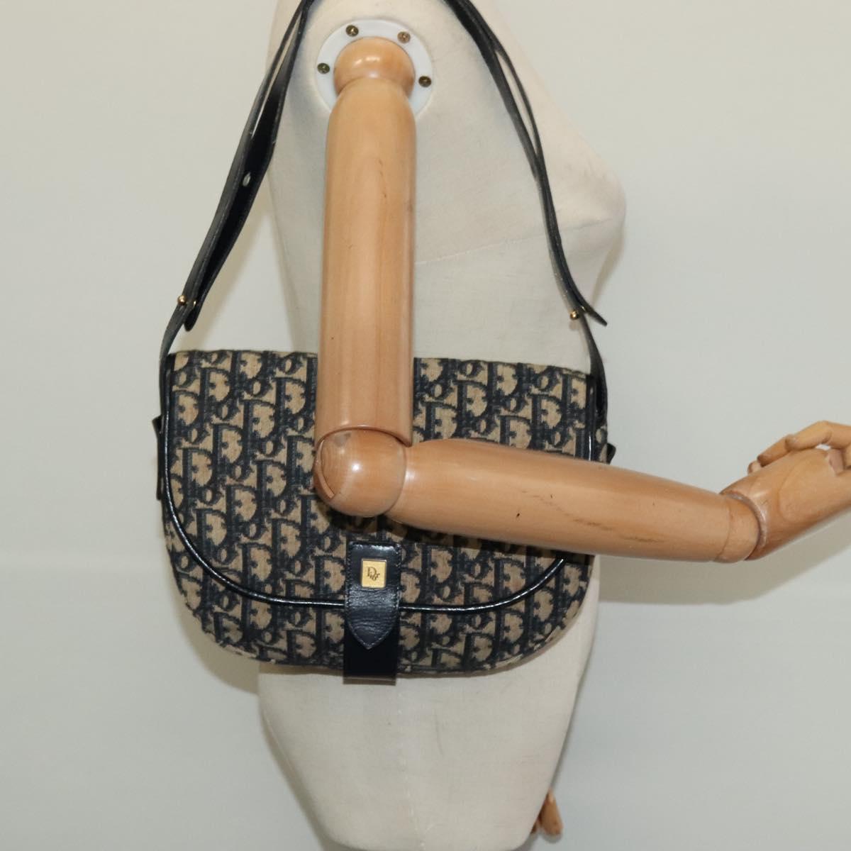 Christian Dior Trotter Canvas Shoulder Bag Navy Gold Auth BD2178