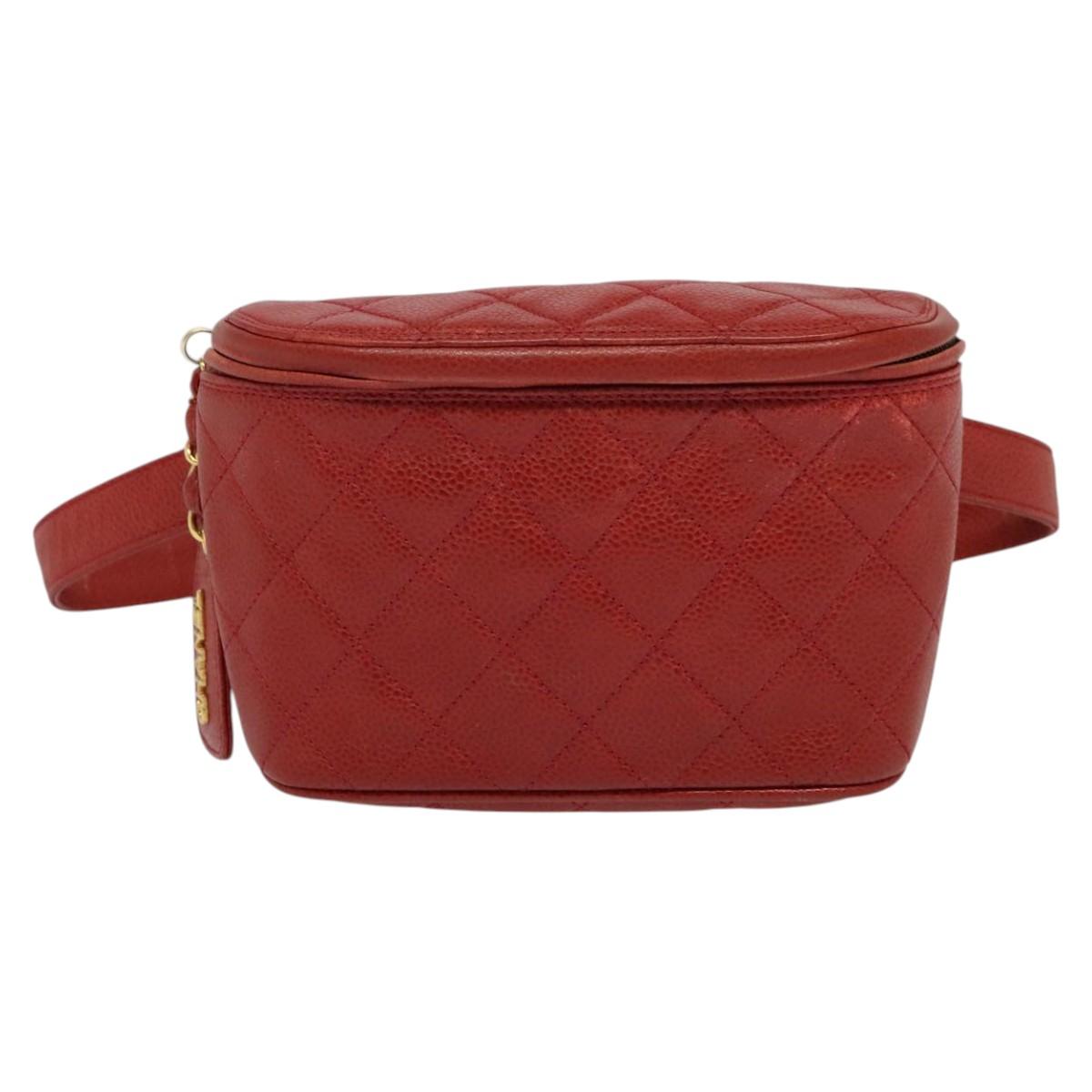 CHANEL Matelasse Waist bag Caviar Skin Red Gold CC Auth BD2190