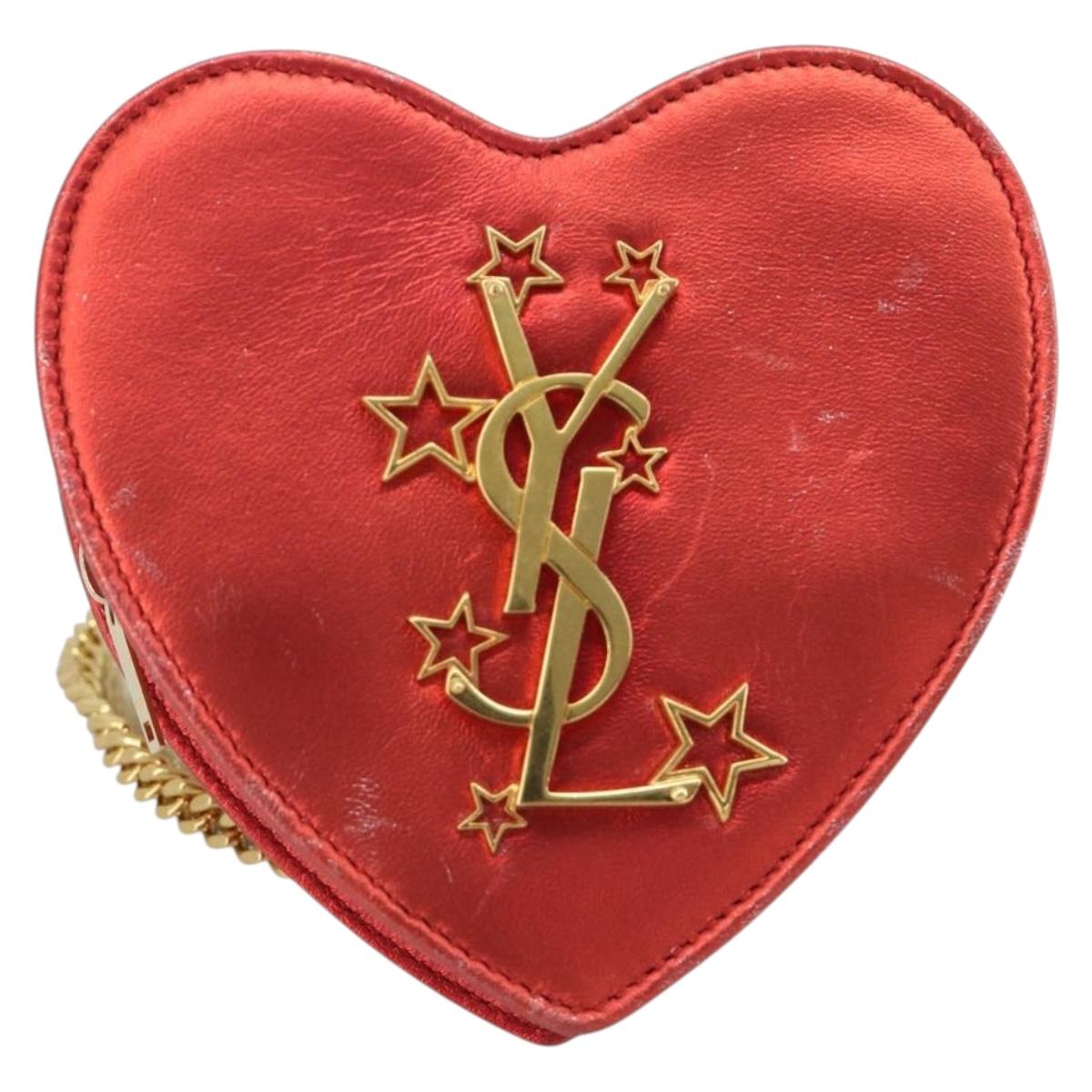SAINT LAURENT Chain Shoulder Bag Leather Red Gold Auth BD2192M