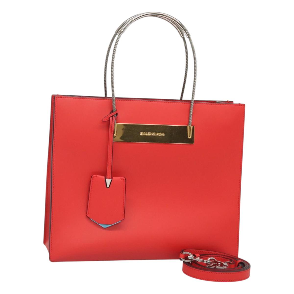 BALENCIAGA Cable Shopper S Hand Bag Leather 2way Red Silver 371177 Auth BD2212