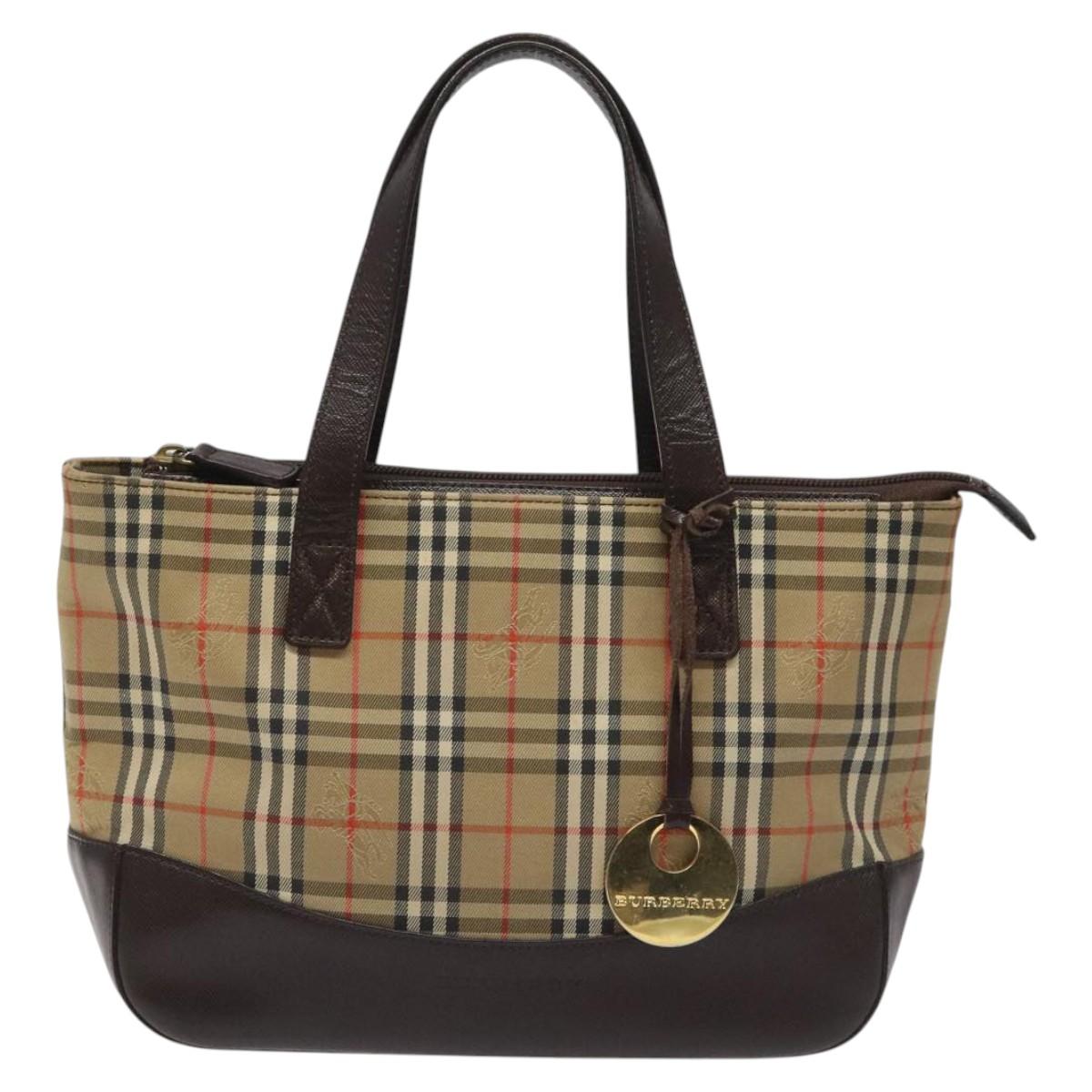 BURBERRY Nova Check Hand Bag Canvas Beige Brown gold Auth BD238