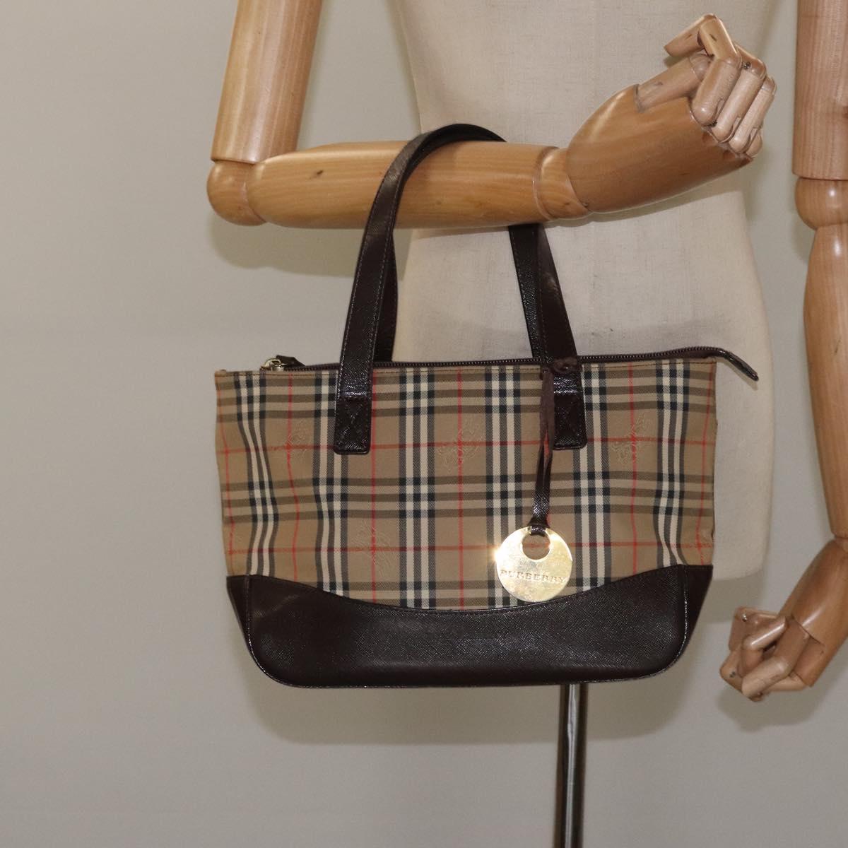 BURBERRY Nova Check Hand Bag Canvas Beige Brown gold Auth BD238